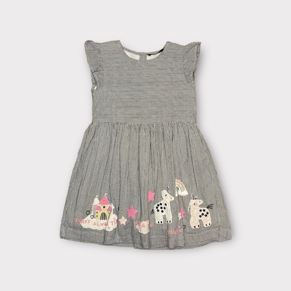 George Pinstripe Castle Unicorn Applique Text Gray Dress